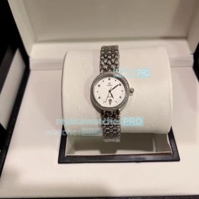 Replica Omega De Ville White Dial Stainless Steel Strap Diamonds Bezel 28mm